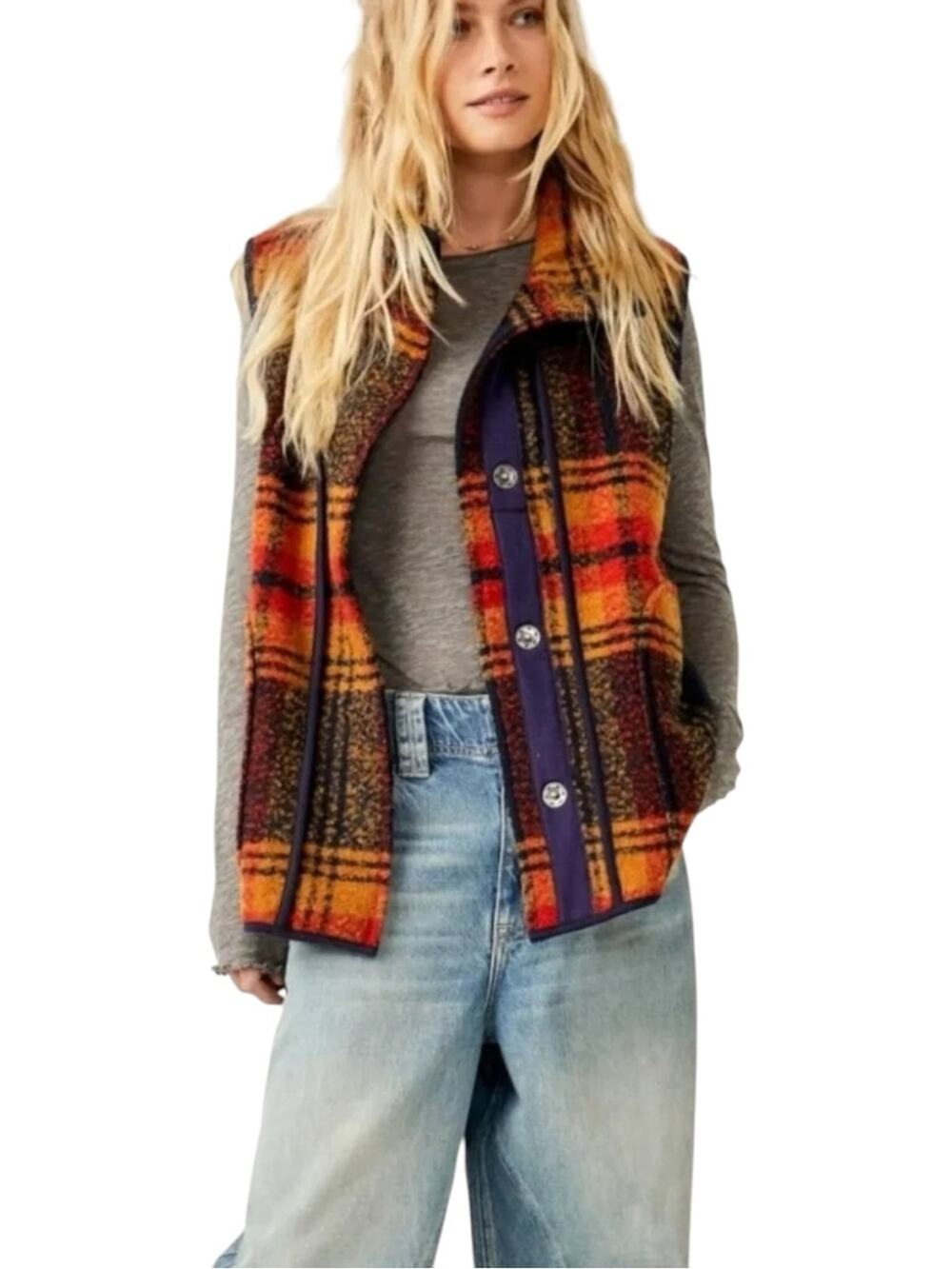 Free People We The Free Wrapped Up Blanket Vest Orange Blue Plaid Size M